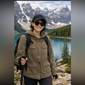 DEX Army Green Hooded Jacket Rolled Up Sleeves size M.